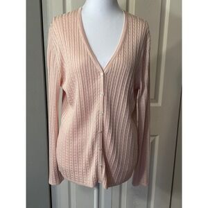 ANN TAYLOR Women's Pink Cable Knit Cardigan Sweater 100% Silk Size M